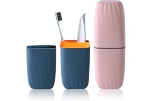 LZYMSZ 2 szt. podróżny kubek na ząb, przenośny pyłoszczelny plastikowy uchwyt na kubek do mycia, 2 kolory szczoteczki do ząbów i uchwyt na pastę do zębów, organizer na podróż kemping łazienka do szkoły na zewnątrz (niebieski i różowy)