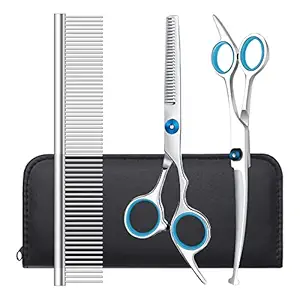 SUMCOO Dog Grooming Scissors with Safety Round Tips, Heavy Duty Titanium Stainless Steel Professional Pet Grooming Trimmer Kit-Thinning Curved, Straight Shears with Comb for Dogs and Cats