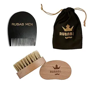 RUBAB MEN Beard Brush & Comb Combo - 100% Boar Bristle Beard Brush & Handcrafted Wooden Beard Comb Kit with Pouch