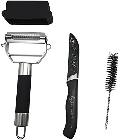 Julienne Peeler- Complete Stainless Steel Dual Julienne & Vegetable Peeler Ultra Sharp -3 in 1 Potato Peeler,Vegetable Spiralizer, Carrot Slicer Grips Y Peeler Hand Held -Free Cleaning Brush(Black)