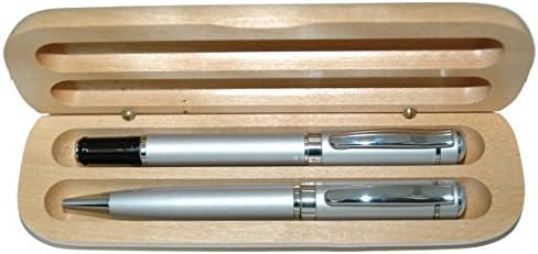 Banker Silver Metal Ball and Roller Ball Pen Set in Maple Wood Box