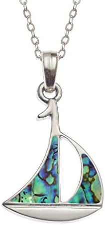 Tide Jewellery Sailing Boat Pendant Necklace inlaid with Paua Abalone Shell on 18 inch (45.7cm) Hypoallergenic Chain Sustainably Sourced Silver Colour Womens Fashion Jewellery