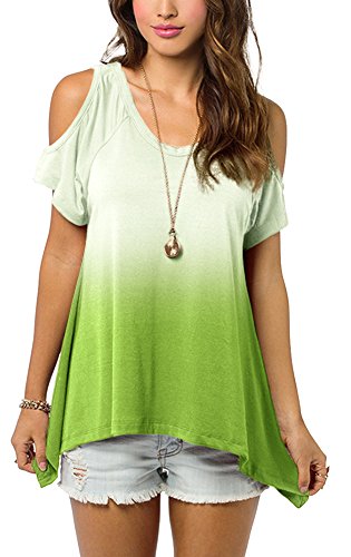 Urban GoCo camisas Fuera Del Hombro Blusa Color Degradado Camiseta Moda Para Mujer (XL, Verde Limon)