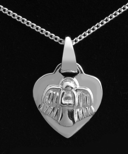 Sterling Silver necklace for Birth or Christening, featuring a small heart engraved with the words "Guardian Angel Protect Me" and an angel on the reverse.
