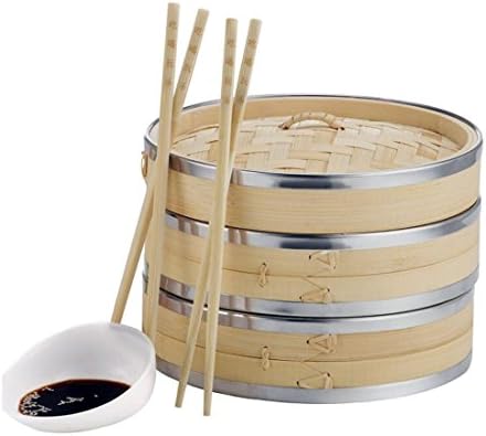 10-Inch 2 Tier Bamboo Steamer avec baguage en acier inoxydable, 2 paires de baguettes et 50 Wax Steamer Liners
