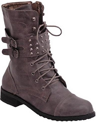 EyeCatchShoes - Womens Biker Army Style Studded Combat Military Boots Khaki Size 3