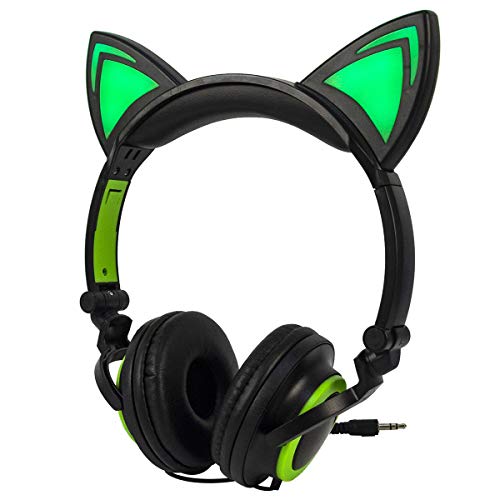 LIMSON Auriculares para Niños, Headphone para el Oído del Gato Headset con Cables Plegables con Luz LED, 3.5 Jack para PC, Tabletas, iPhone, Teléfono Inteligente Android (Negro&Verde)