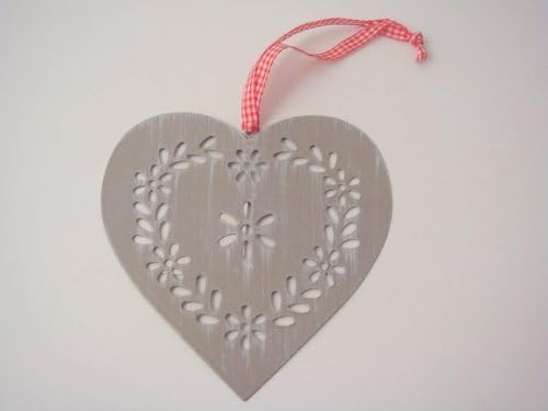 Grey metal heart with red gingham fabric to hang