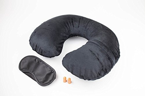 Nackenkissen Reisekissen aufblasbar – Nackenhörnchen fürs Flugzeug mit Fleece-Bezug, gratis Schlafmaske & Ohrstöpseln von Globeproof® - 3