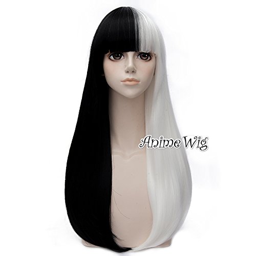 65cm Long Straight Heat Resistant Black Mixed White Anime Lolita Cosplay Wig+Cap