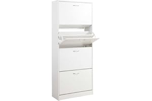 BAKAJI Scarpiera Portascarpe in Legno MDF con 4 Ante Porta Scarpe a Ribalta Maniglie in Metallo Doppia Profondità Dimensioni Compatte Slim 63 x 24 x 150 cm Ingresso Casa (Bianco Frassinato)