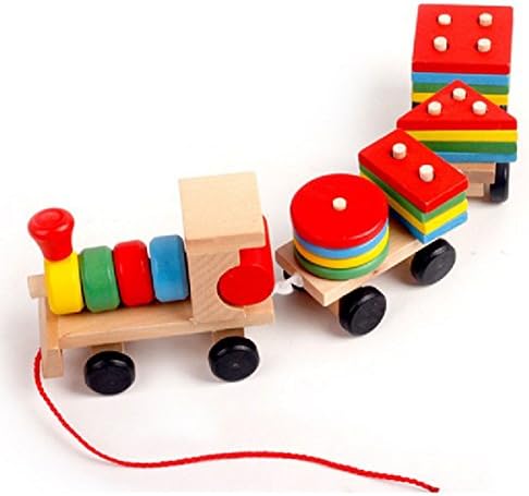AiSi Wooden Puzzles Toys Pull Along Train Stacker Geometric Stacker Building Blocks Education Toy