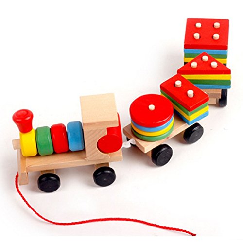 AiSi Wooden Puzzles Toys Pull Along Train Stacker Geometric Stacker Building Blocks Education Toy