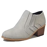  Damen Stiefel mit Absatz Chelsea Leder Kurzschaft Blockabsatz Knöchel Stiefeletten Slip on 5 cm Elastischer Herbst Hochzeit High Heel Ankle Boots Grau 38