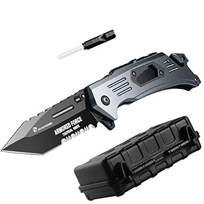 Auriver 6-in-1 Couteau Pliant Extra Sharp avec Lame en Acier Inoxydable Titane, Couteau de Poche Tige de Aiguiseur | Sifflet | Ouvre-Bouteille | Tournevis | Briseur de Verre | Coupe Ceinture