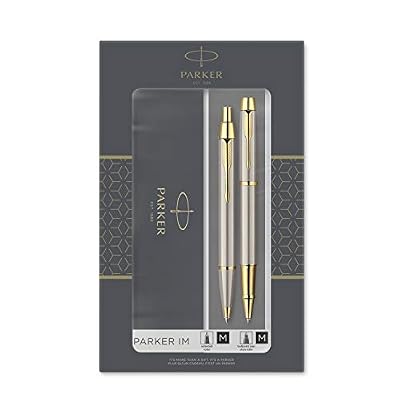 Parker IM Duo Coffret-cadeau avec Stylo Bille et stylo roller, finition métal Brossé avec attributs Or, Recharge et Cartouche d'encre Noire, Coffret-cadeau