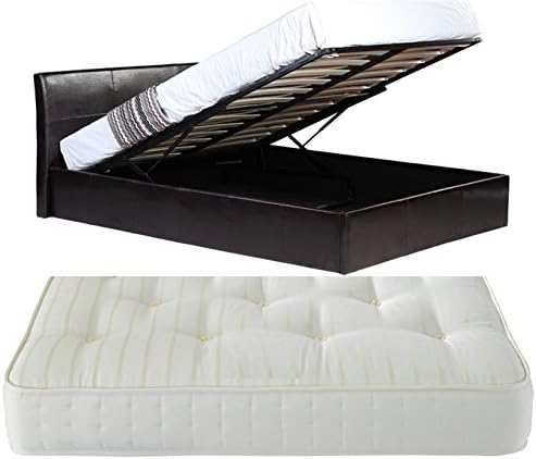 4ft Small Double Brown Ottoman Lift Up Storage Faux Leather Bed + Luxury Deluxe Spring Tufted Mattress - Also available in Black or White - Master Bedroom Childrens Bedroom Teens Bedroom Guest Bedroom - Perfect for storing Shoes DVD's Bedding Clothes