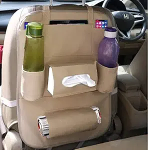 RD Universal PU Leather Car Auto Seat Back Organizer Multi Pocket Travel Storage Bag with Hangers, Tissue Paper and Bottle Holder-Beige Colour for Universal/Comaptible for All Car Model