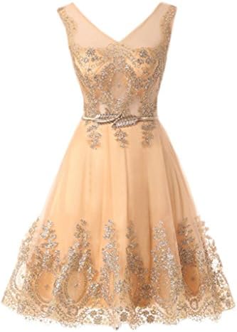 Dearta Women's A-Line Short Mini V-Neck Appliques Homecoming Dresses Gold UK 12