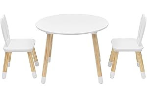 Rebecca Mobili Set Tavolino E Sedie Per Bambini, Tavolo Bambini Con Seggiole, Bianco Marrone, MDF Pino, Per Cameretta Asilo - Misure: 44 x 60 x 60 cm / 50 x 28 x 25 cm - Art. RE6849