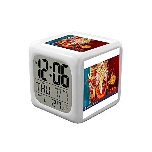 LED Alarm Colock 7 Colors Desk Gadget Alarm Digital Thermometer Night Cube Bright Home Decor 448.Lord Ganesha, Hindu God, Durga Puja, Kolkata, India.