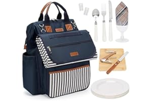 INNO STAGE Inno fase aperta grande capacità zaino da picnic per 4 piatti, con scomparto termico, 22,9 cm, manico in legno, posate e coperta impermeabile blu navy