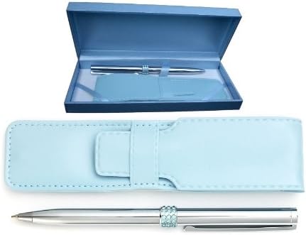 Ladies Chrome & Blue Crystals Pen with Pouch Boxed Gift