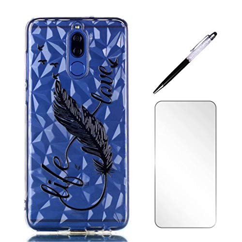 Preisvergleich Produktbild Huawei Mate 10 Lite Hülle + Panzerglas JINCHANGWU Schutzhülle Cover Transparente TPU Silikon Handyhülle Bling Kristall Glitzer Tasche Etui +Touchstift + Displayschutzfolie, Feder Schwarz und Love