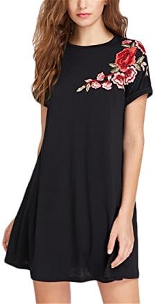 Eunsisa Embroidered Dress Women Flower Patch Roll Cuff Swing Tee Dress A Line Short Dress New Summer Casual Mini Dress Black XS