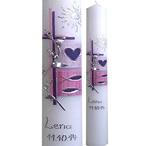 Modern Taufkerze Kommunionkerze 400x40 SONNE HERZ FISCHE Mehrfarbig rosa pink lila Inclusieve Namen und Datum ITP150