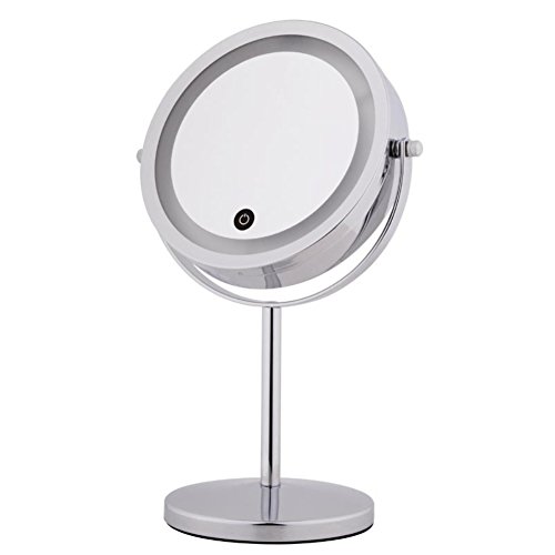 Kosmetikspiegel mit LED Beleuchtung Doppelseitiger Standspiegel Normal und 5x Vergrößerung - - Make-Up Spiegel 17cm Durchmesser, 18 LEDs, Verchromt (5x)