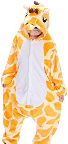 Semia Children Pajama Unisex Flannel Hooded Animal Cartoon Cosplay Costume Kigurumi Novelty Halloween Christmas Nightwear Sleepsuit Autumn Winter,Giraffe,XXL(130cm-140cm)