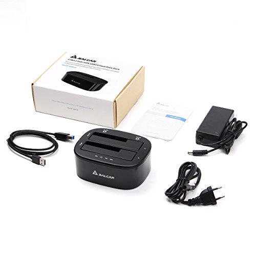 Salcar USB 3.0 Offline Klon Docking Station mit 2 Einschüben, optimiert für HDD/SSD Festplatte, 2,5″ und 3,5″, 2,5 und 3,5 Zoll (SATA I / II / III), inklusive USB 3.0 Kabel und 12V 4A Netzteil, unterstützt 2x 8TB - 7