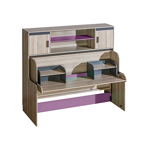 Bett Schrankbett mit schreibtisch und aufsatzen ULTIMO Kinderzimmer Jugendzimmer (COIMBRA ESCHE DUNKEL / GRAPHITE / VIOLETT)