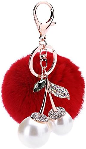 Aokbi 2017 New Hot Solid Color Artificial Fur Cherry Pendent Ball Keychain Handbag Car Key Ring (Red)