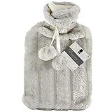 KEPLIN 2 Litre Hot Water Bottle with Cosy Fluffy Cover Premium Faux Fur Bag Large 2L (Grey)