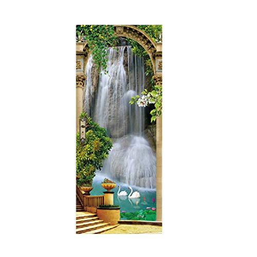 Preisvergleich Produktbild YJZ 3D Tür Aufkleber Wandbilder Peel Stick verschleißfest wasserdicht abnehmbare Kunstwanddekor Wasserfall Schwan Muster für Kinderzimmer Haus