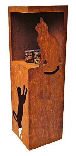 (Rostsäule) Edelrostsäule mit Katze und Öffnung 100x30x30cm