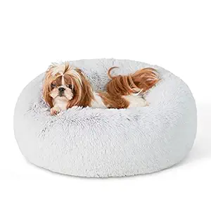 Bedsure Calming Dog Bed for Small Dogs - Donut Washable Small Pet Bed, 23 inches Anti Anxiety Round Fluffy Plush Faux Fur Cat Bed, Fits up to 25 lbs Pets, Frost Grey