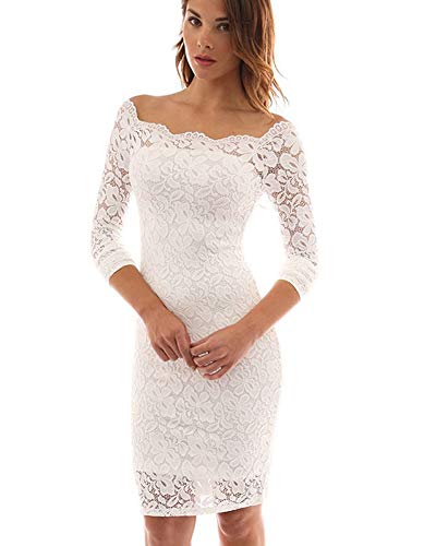 Imixcity Vestido de Fiesta Encaje Manga Larga sin Hombros Lápiz Mujer Bodycon (Blanco, S)