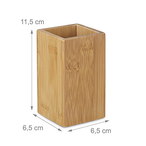 Relaxdays Zahnputzbecher Bambus eckig, natürliches Design, HxBxT: 11,5 x 6,5 x 6,5 cm, Natur - 3