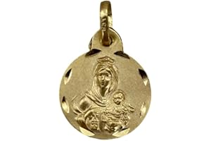 Minoplata Guldpläterad 925 silver scapularium medalj, Virgin of Carmen och det heliga hjärtat av Jesus, 14 mm, dubbelsidig med snidad kant