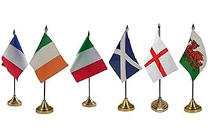 UKFLAGSHOP 6 x Six 6 Nations Rugby England Scotland Ireland Wales Ireland Italy 4" x 6" Desktop Table Flags With Gold Bases Ideal For Sport Clubs Pubs Schools Office