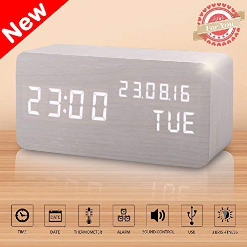 Leeron Reloj Despertador Madera, Escritorio Digital Despertador con Tiempo/Fecha/Temperatura, Brillo Ajustable y Control de Sonido (Blanco)