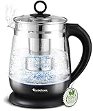 TURBOTRONIC QUALITÄTSVERSPRECHEN: Verdecktes Heizelement unter der Edelstahl-Bodenplatte - Glaskorpus: hitzebeständiges Borosilikat-Glas (spülmaschinengeeignet) - tolle LED Beleuchtung in verschiedenen Farben, damit wird der Wasserkocher zum Blickfang!