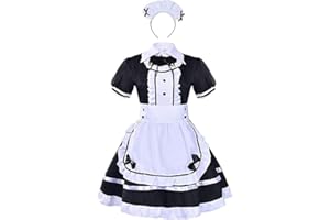 LABABE Maid Costume French Maid Fancy Dress, Black Short Sleeve Dress with White Apron and Headwear,Fake Collar/French Maid Apron Adult Dress Fancy Costume Dress up Outfit Kit(Black,Size XL)