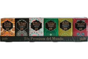 CAFES GUILIS DESDE 1928 AMANTES DEL CAFE Thés Premium du Monde Pack 6 Variétés de Thé: Thé rouge Pu-Erh, thé vert, thé vert à la menthe, thé blanc, thé noir, thé vert à la vanille.