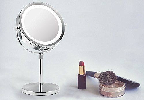 Limerence Moois 2in1 Kosmetikspiegel mit LED Beleuchtung, mit 18-LEDs, doppelseitig mit 1x/5x Vergrößerung, Höhenverstellbar, Batteriebetrieben, Verchromt, Beleuchteter Kosmetikspiegel, Tischspiegel für Makeup, Hautpflege und Rasur - 6