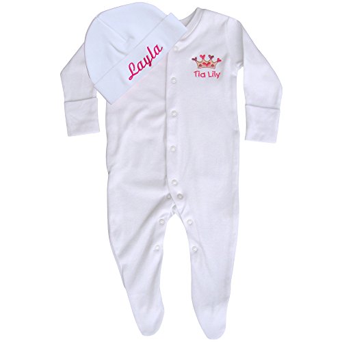 Baby Girl's White Personalised Name Sleepsuit & Hat Gift Set (0-3 Months, Sleepsuit & Hat)