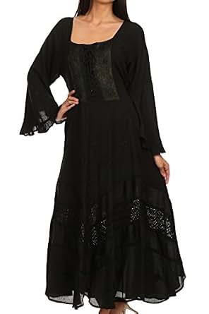 Sakkas Mirabel Stonewashed Corset Style Dress – Floral Embroidery, Kimono Sleeves, Back Ties (100% Rayon)